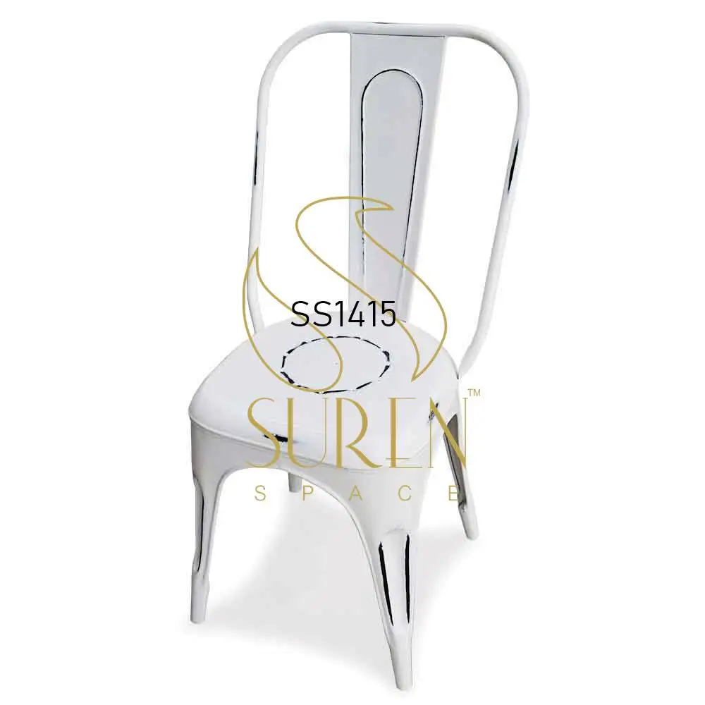  White Distress Stack Able Metal Outdoor Chair Industrial Rust Free Furniture For Cafe Bistro Food Court