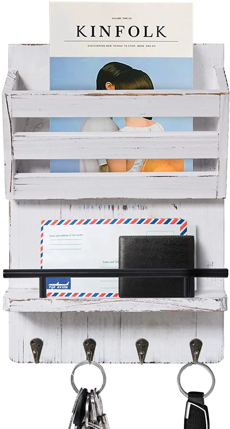 SINORHEMA Wood Key Holder for Wall Decorative with 4 Key Hooks Key Rack Hanger for Wall Mail Holder and Key Hanger or Shelf