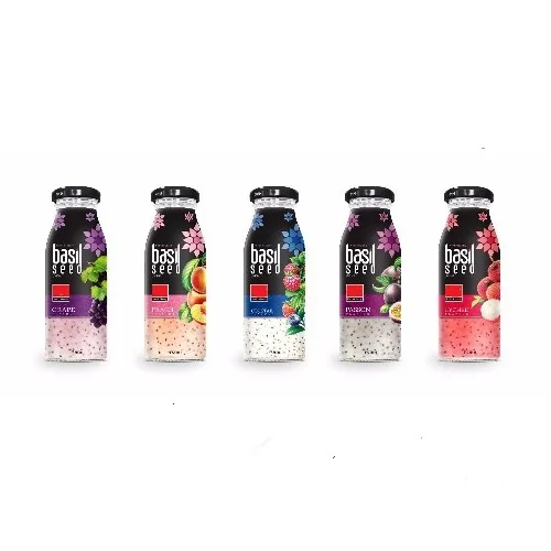 Hot Selling  Basil Seed Fruit Juice soft drink with Different Fruit Flavours 280ml glass bottles