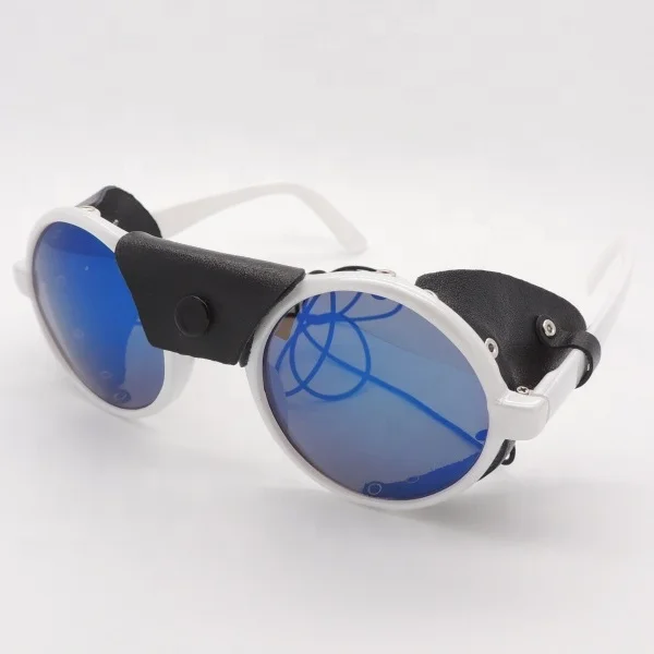 Round designer sunglasses with leather side shield