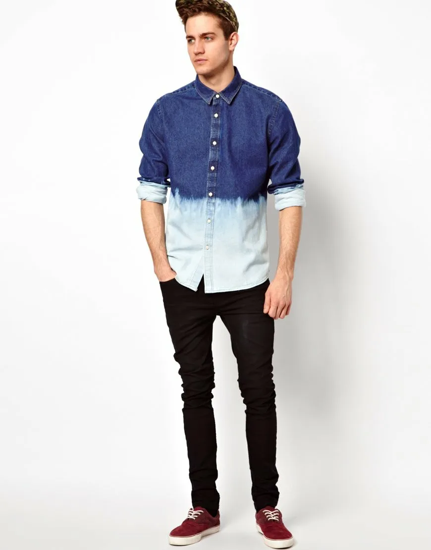 100% Cotton two pockets jeans washed denim shirts indigo light blue jeans shirts