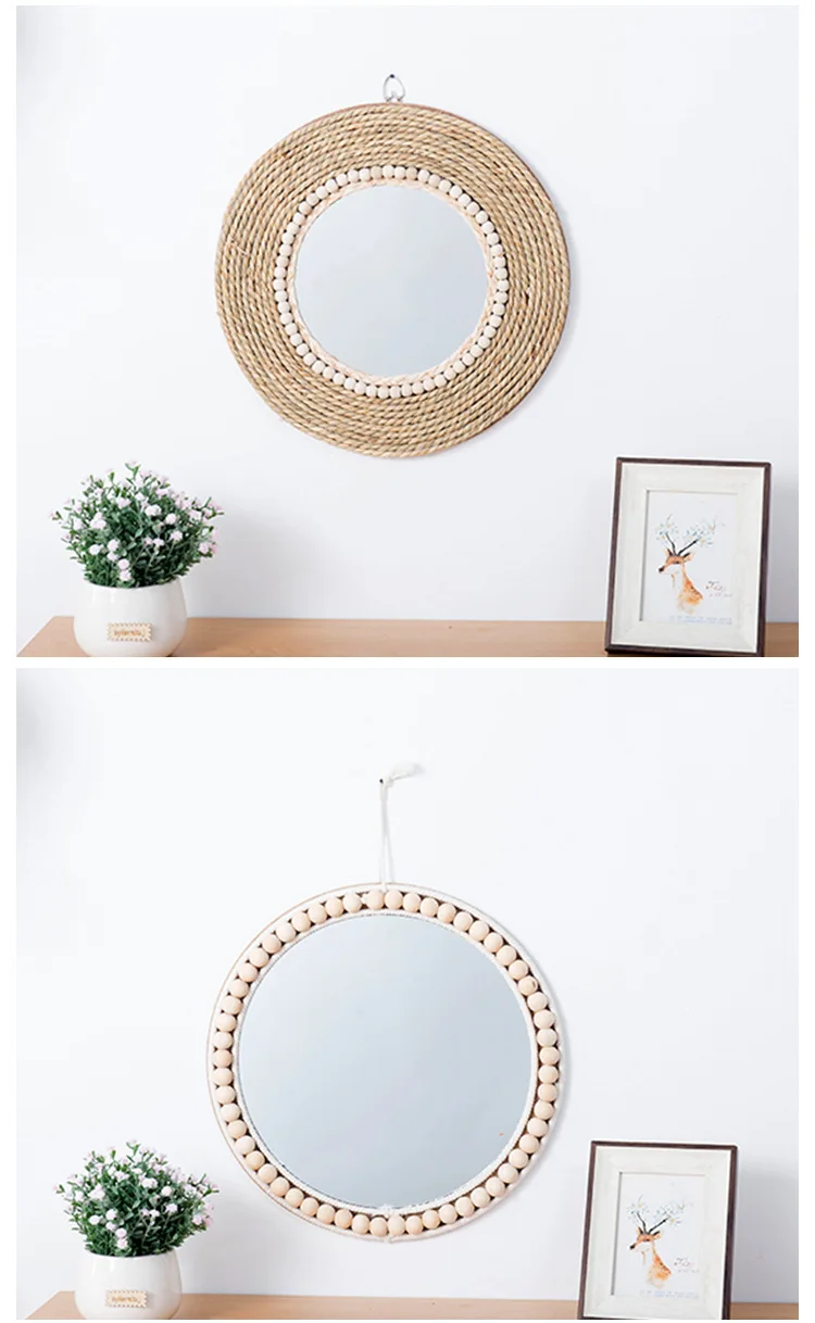 Wooden straw rope decorative mirror hotel  living room wallmirror round makeup mirror stick wall round mirror