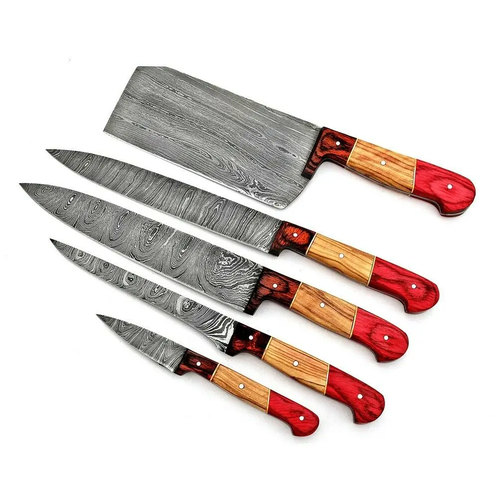 
HANDMADE DAMASCUS STEEL CHEF KNIFE KITCHEN SET WITH DOLLAR WOOD HANDLE+ ROLL BAG 