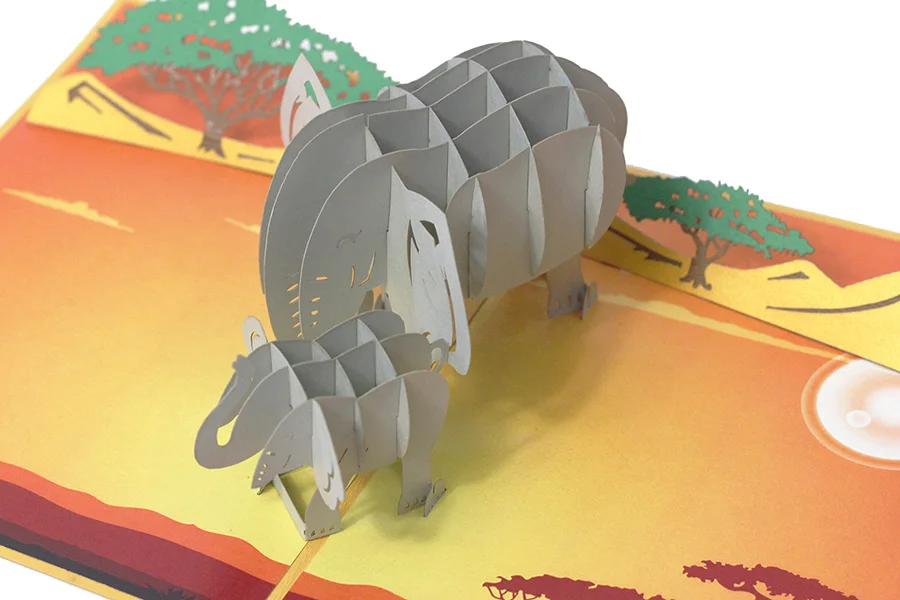 Пользовательская печать лазерная резка сувенирные тематические поздравительные открытки с животными слон 3D выдвижные