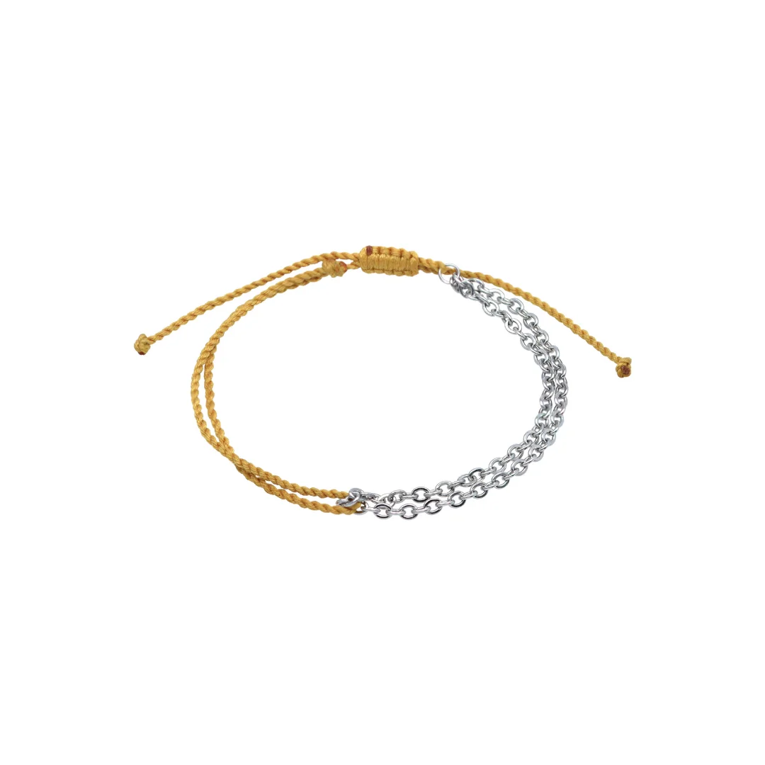 BRACELET WITH SILVER COLOR STAINLESS STEEL  CHAIN AND HANDTWISTED COTTON STRING