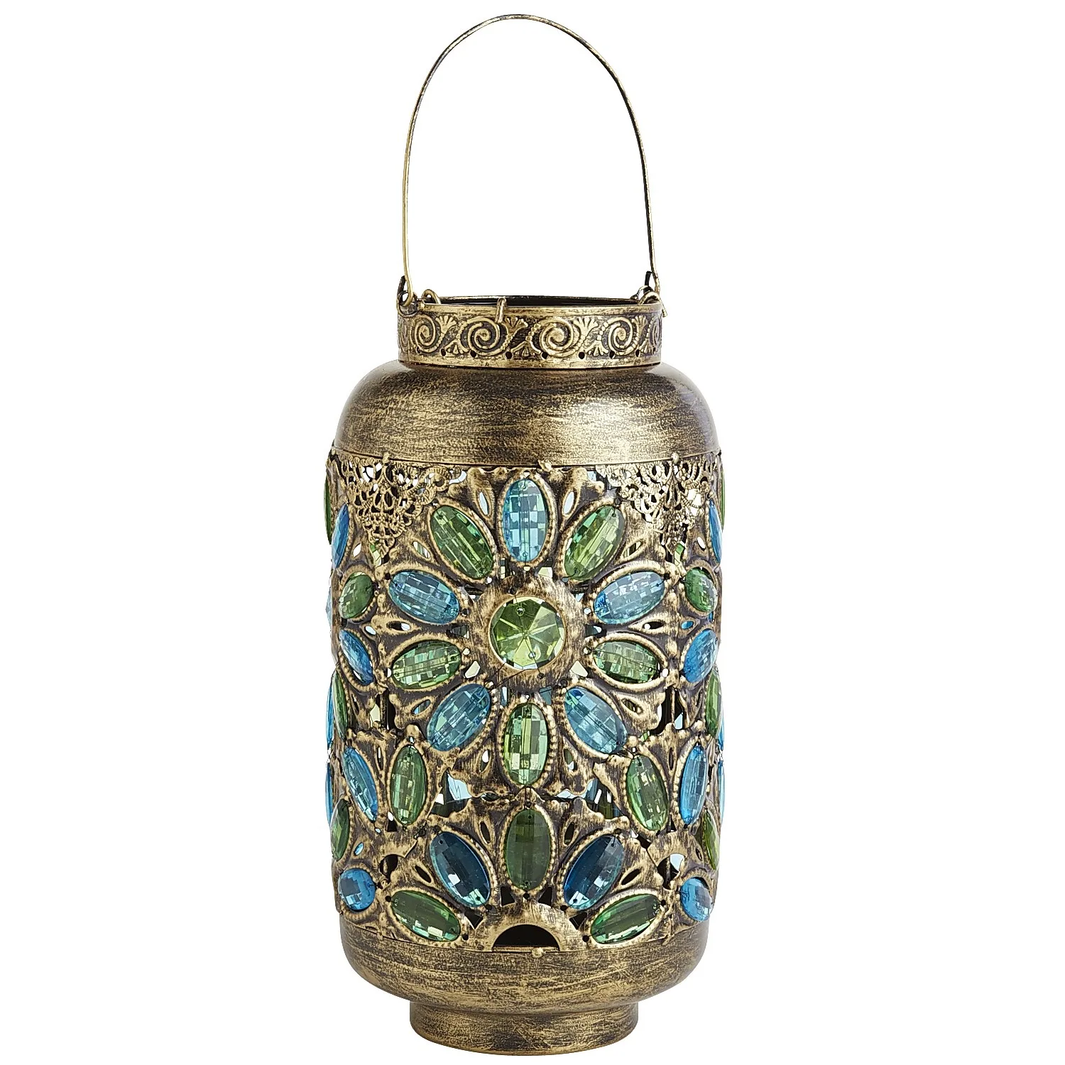 Caravan Blue & Green Medium Metal Lantern with Colorful Acrylic Gems