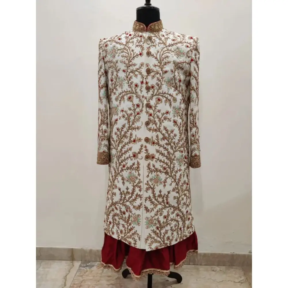 Шикарная вышитая искусственная шелковая смесь шервани с длинными рукавами индивидуальная тонкая ткань ручной работы