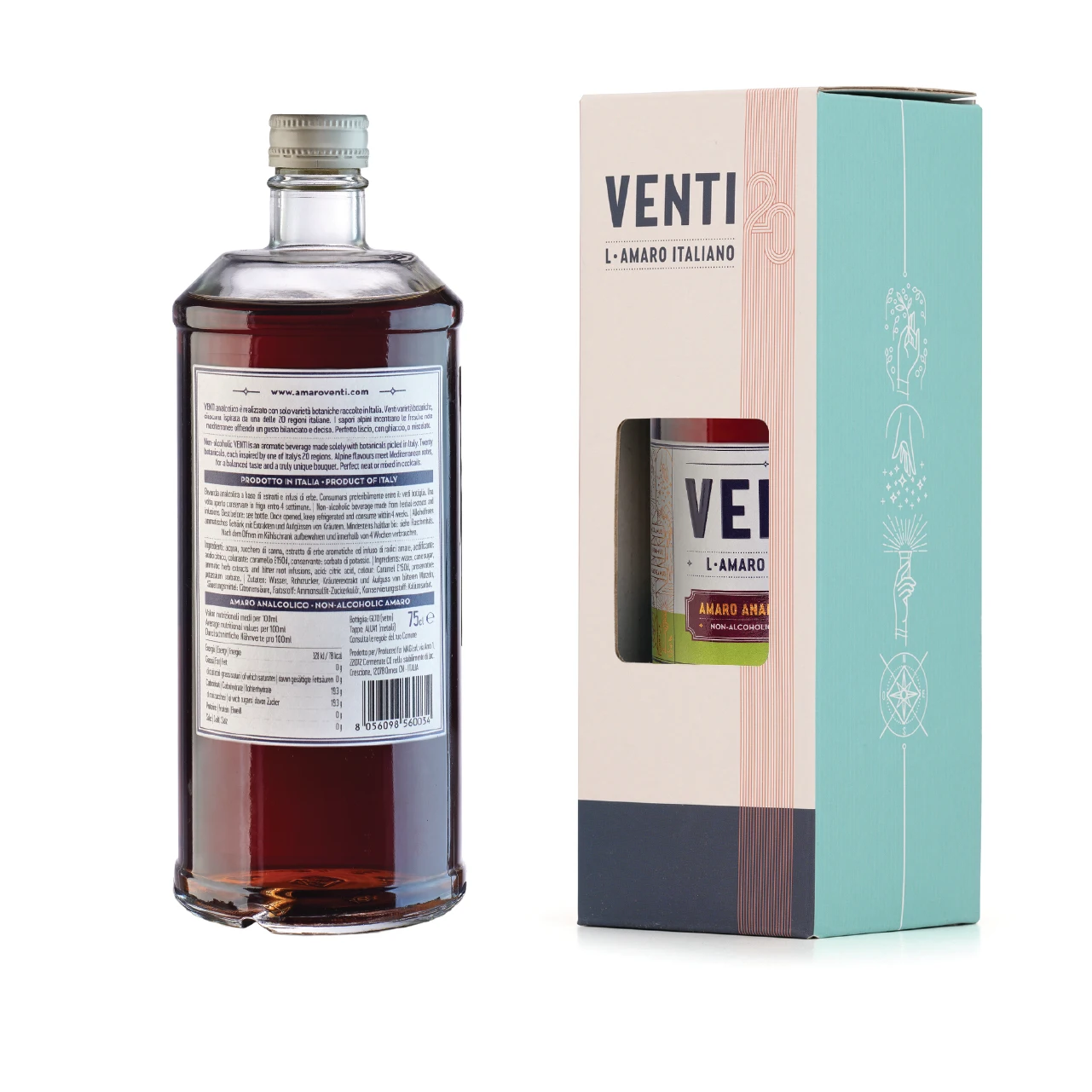 Top quality Made in Italy Non alcoholic Bitter Liqueur VENTI box (75cl) for cocktail bars