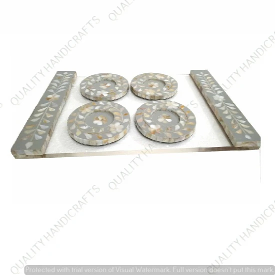 Wholesale Mother of Pearl & Acrylic With Mop Tea Coaster set 4 Serving Trays Hotels & Restaurant Bone Inlay Trays Kitchenware