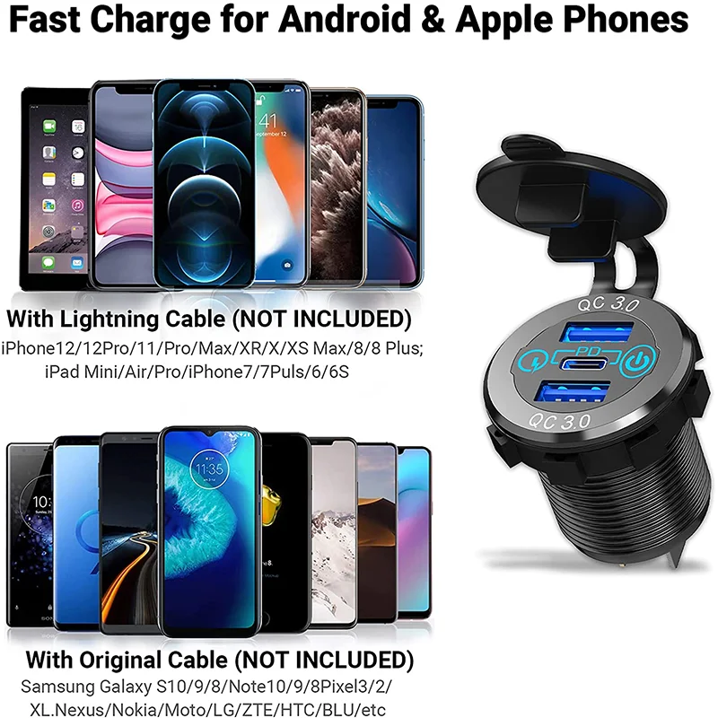 New Arrived Marine Auto RV Dc 12v Fast Charger Type-c USB Qc3.0 Dual USB Car Socket USB Car Charger