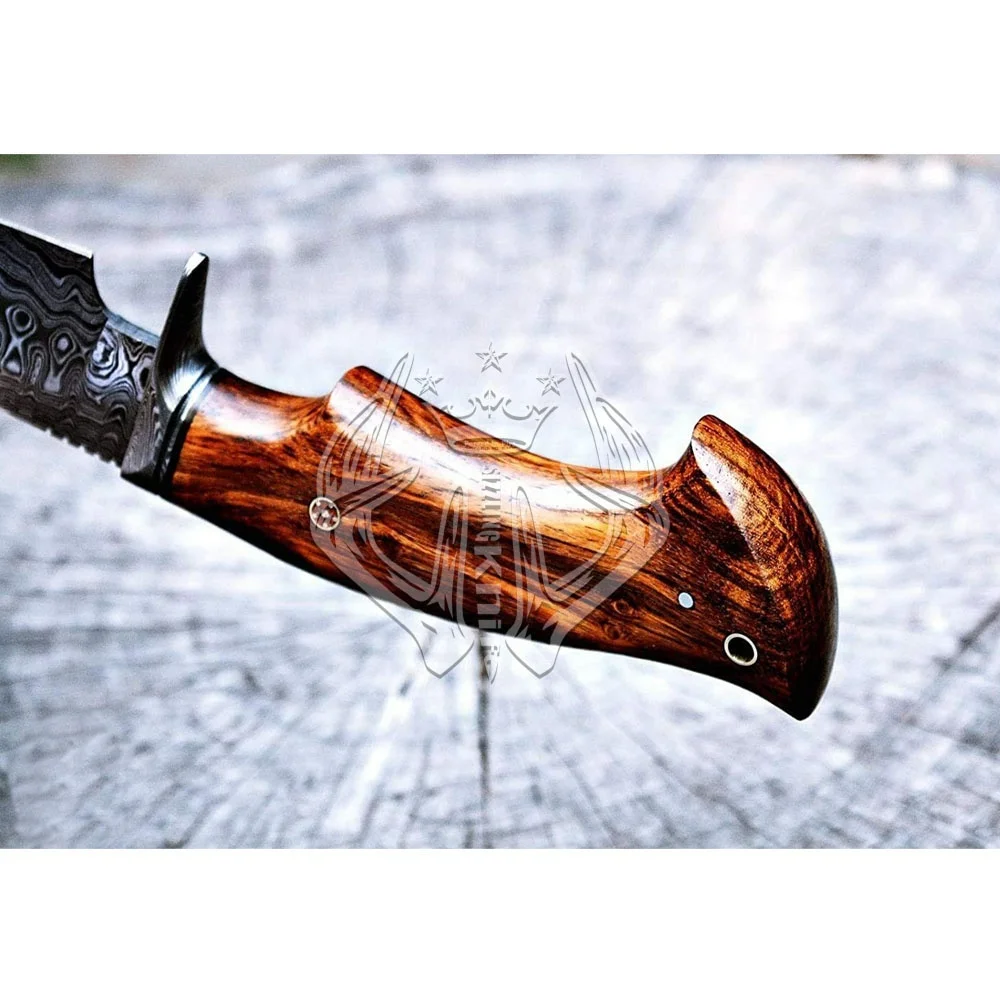 Beautiful Custom Handmade Damascus Steel Fixed Sharp Blade Hunting Bowie Camping Knife Gift For Him Handle Natural Rose Wood