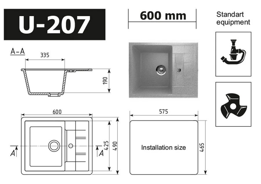 Top quality kitchen sink ULGRAN U-207 single reversible, kitchen sink suppliers