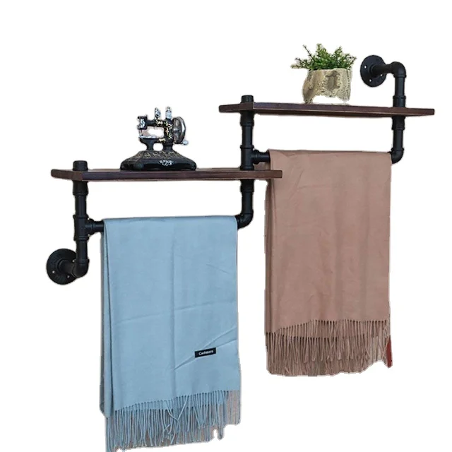 Farmhouse Decor Rustic Pipe Fittings Metal Wall Mount Floating Shelf Towel Rack for Bathroom