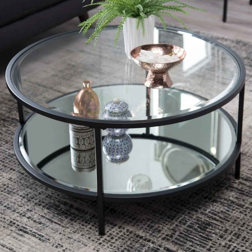 Lamont Round Coffee Table Metal and Glass Black Living Room Furniture Modern 2 in 1 Coffee Table Set EXW Advance Iron, Glass