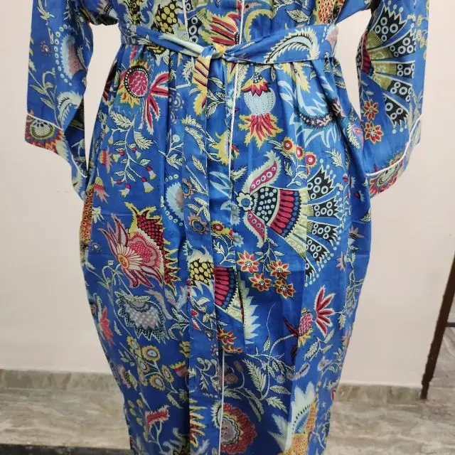  Синее кимоно Mukut с принтом сексуальный халат индийский хлопковый длинный Ночной костюм летняя одежда этническое Ночное платье пончо Макси-платье