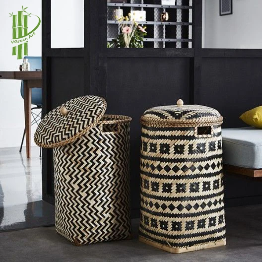 LIGHT AND DURABLE laundry basket woven bamboo baskets pattern with lid storage boxes & bins boho Home Storage & Organization