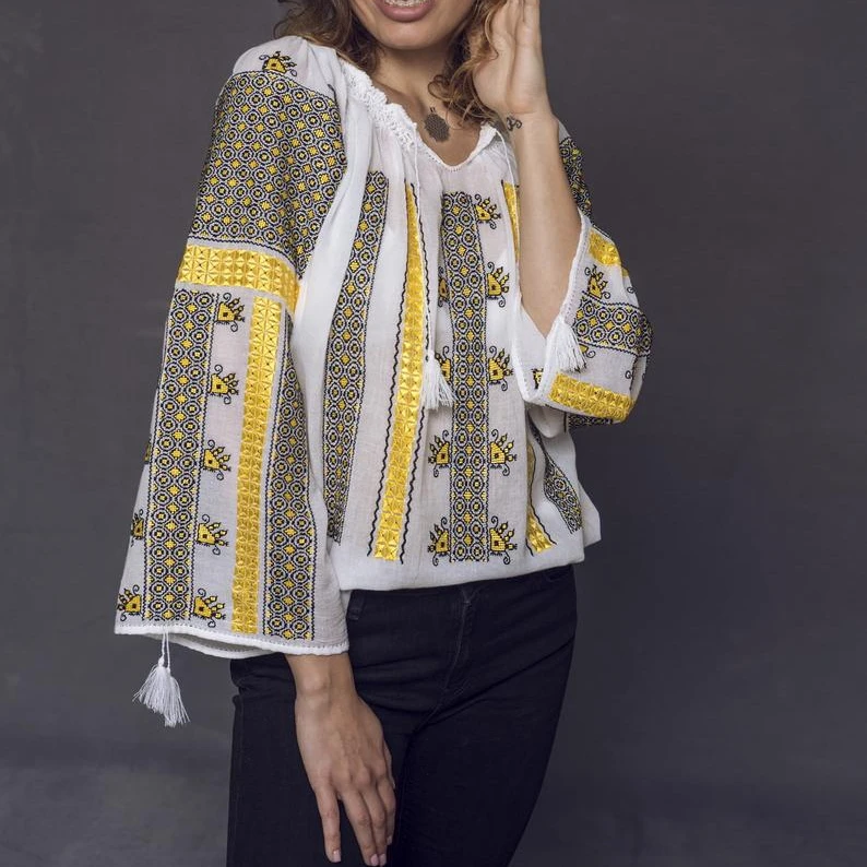 2020 Romanian Blouse Handmade yellow Embroidered With  Tassels Casual Wear Romanian Look New Collection 100% Cotton white Tops