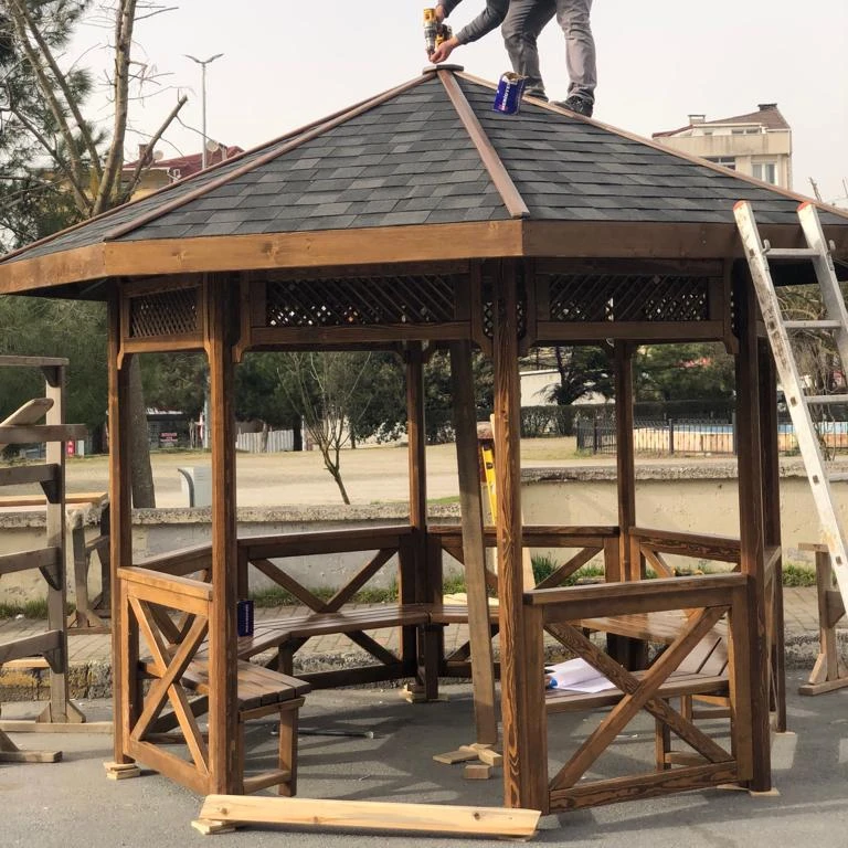 High quality octagon outdoor gazebos from pine  or beech tree with roof having long life made in Turkiye eco friendly install