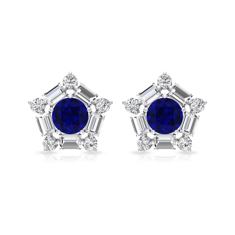 
 1.3Ct Blue Sapphire Round Baguette Diamond Earring, Solitaire Gemstone Earring, Diamond Cluster Woman Stud Earring  