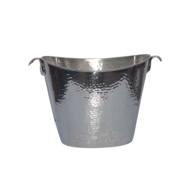 Stainless Steel Hammered Beverage Tub With Leather Handle Double-Walled Insulated Silver Ice Bucket Champagne Bucket