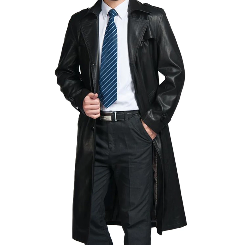 Mens Black Leather Jacket Distressed Leather Trench Coat Hip height Long Coat Three Quarter Long Coat