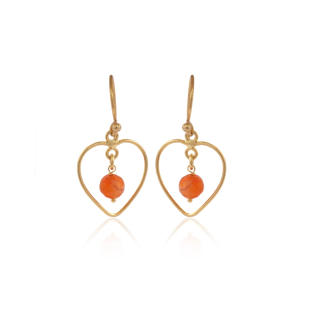 Mode Joyas, Gold Plated Brass Metal Red Carnelian Gemstone Hook Earring Round Stone & Brass Heart Charm Earrings Jewelry. E-585