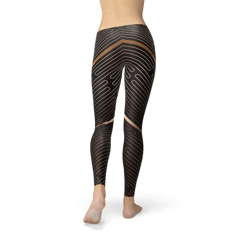 
OEM Brown Leggings For Women - Striped Pattern Art Deco Style Print Workout Leggings 