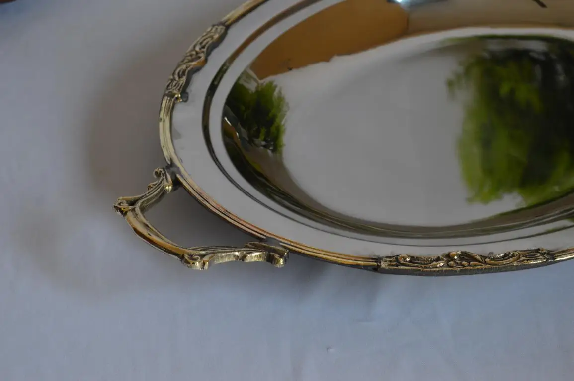 Vantage Modern Luxury Fancy Stainless Steel Oval Tray with acrylic Handles Shiny Polished Tray For Home and Kitchen Usage