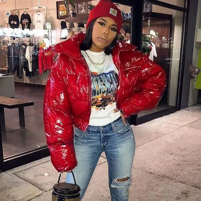 2021 Fashion Turndown Collar Long Sleeve Bubble Coats Cropped Short Winter Coat Women PU Jackets Puffer Coats For Ladies-PT