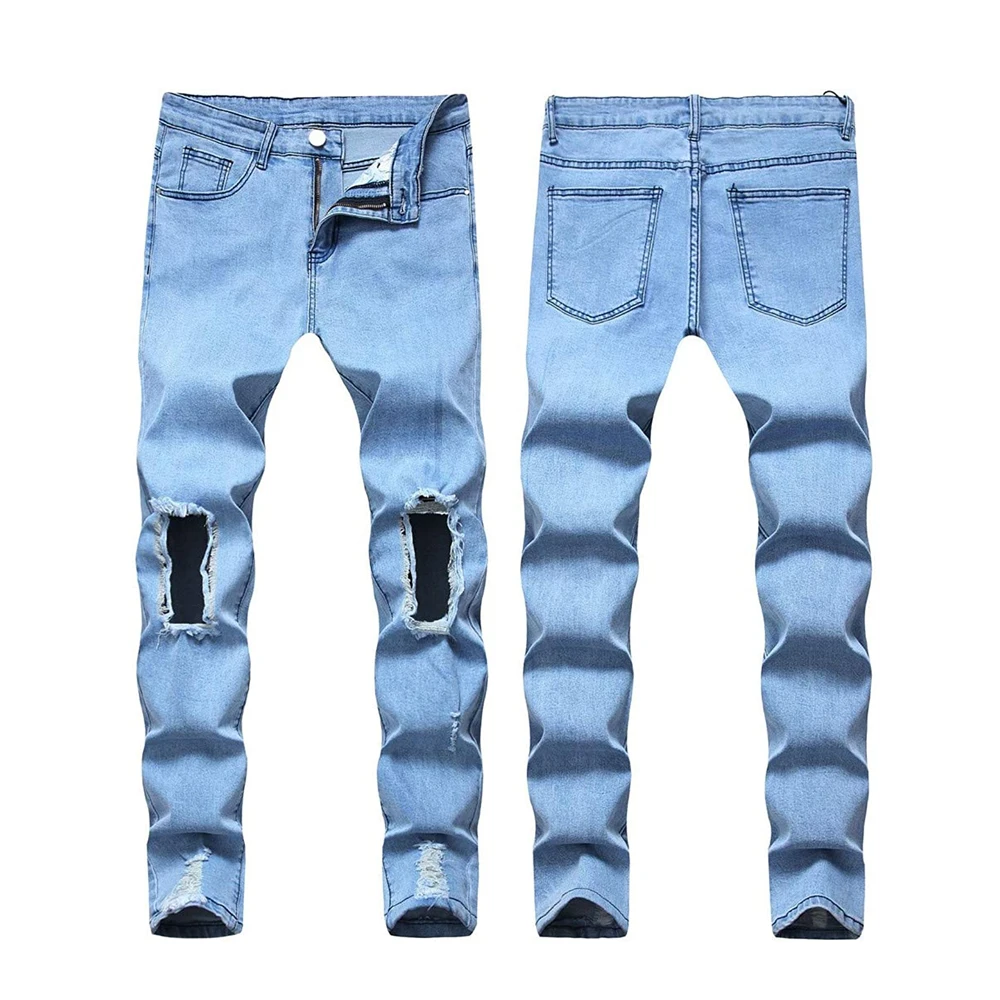Heavyweight Vintage Acid Wash Blue Denim Pants Men Wholesale Cut Edge Stacked Jeans Flare Custom Ripped Distressed