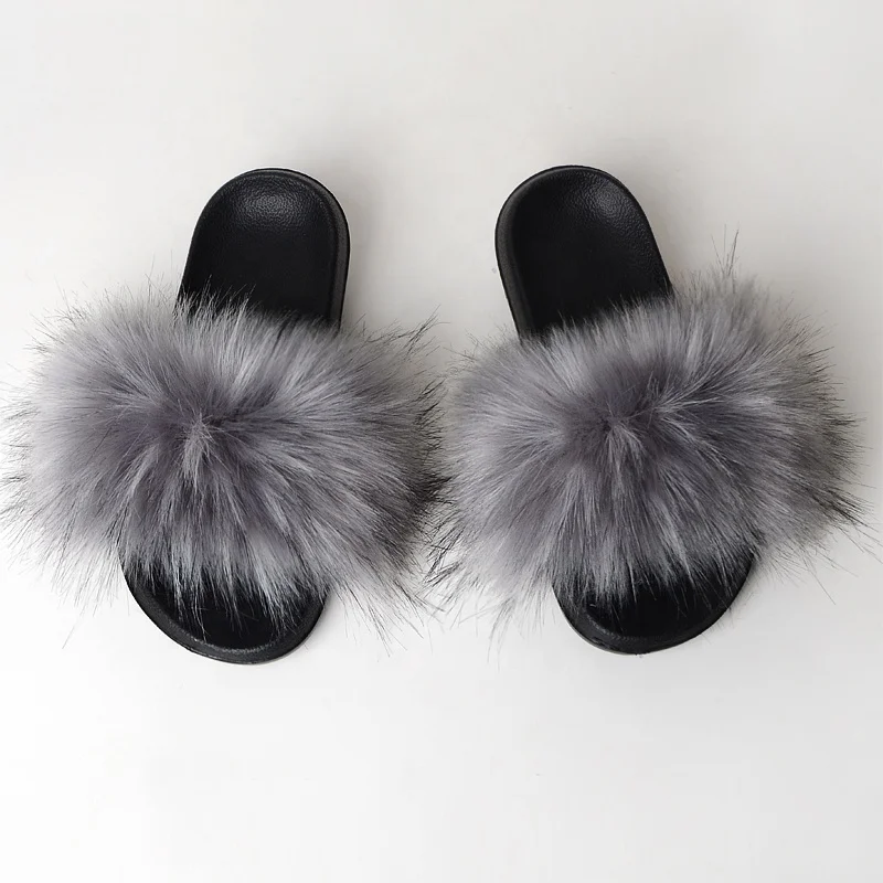 QIUCHEN OEM ODM New Arrival  EVA sole quality faux fur raccoon fox slippers