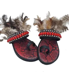 Ethnic Snake Print Ethnic Boho Fashion Style Feather Decoration Crystal Beaded Women Leather Flats Sandal Flip Flop Slippers