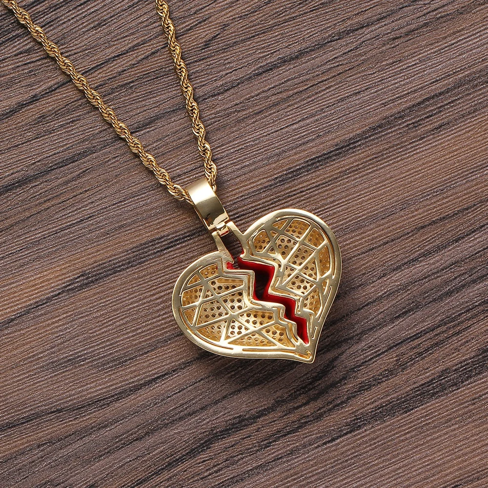 Hip Hop Bling Iced Out Gold Plated Teeth Pendant Necklace Twist Cuban Full Diamond Broken Heart Shape Pendant Necklace