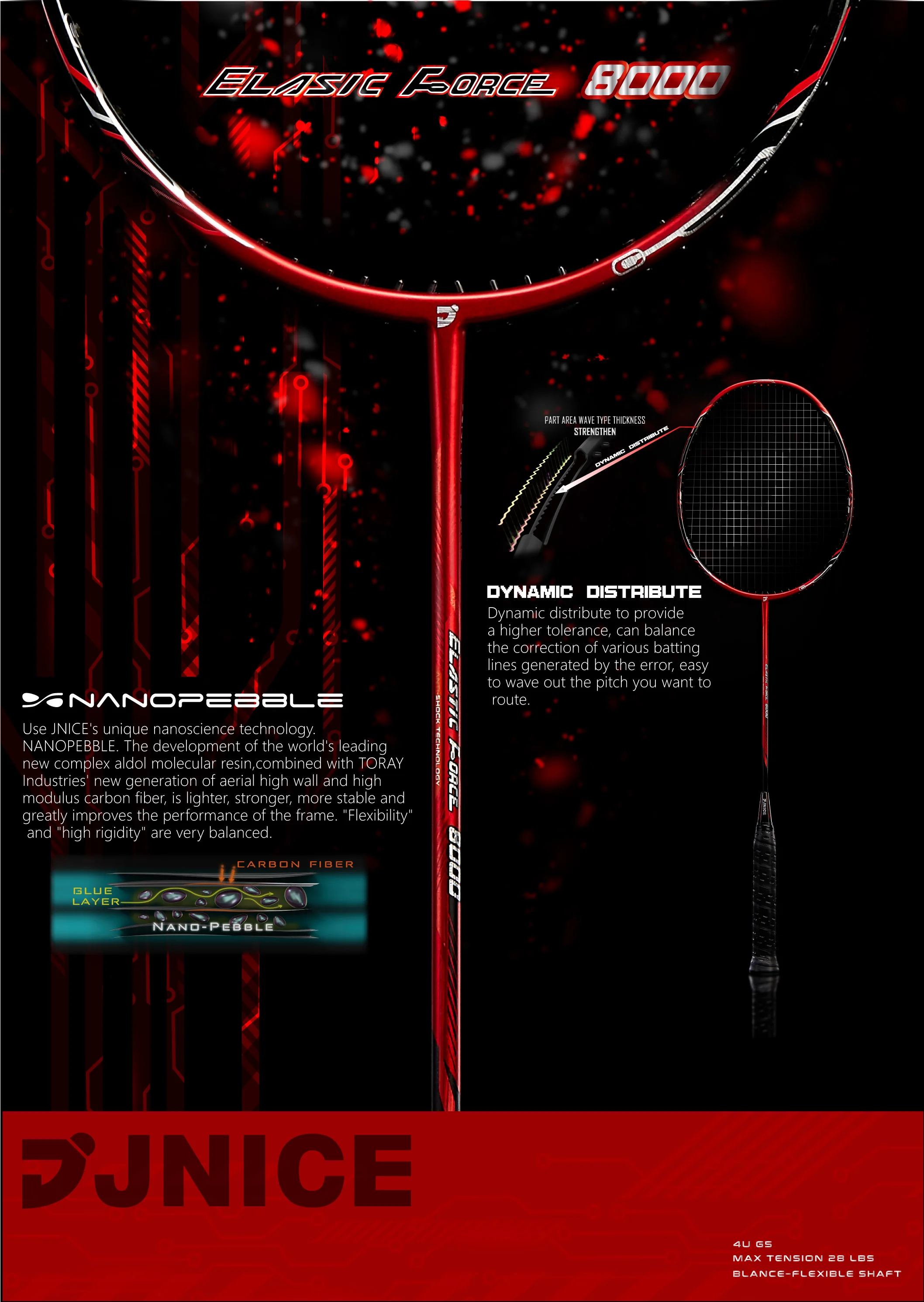 Jnice ELASTIC FORCE 8000 40T Carbon Graphite badminton racket