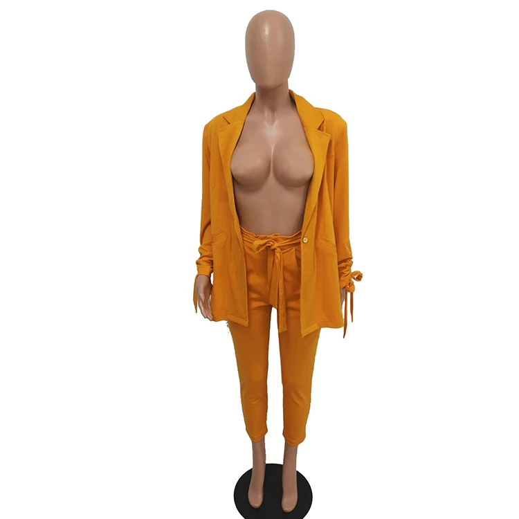Bright Yellow Drawstring Sleeves Two  Piece Set Blazer Suits Set for Women