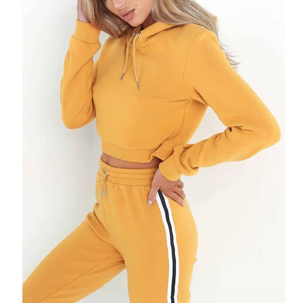 Women Tracksuit Set Long Sleeve Hooded Crop Top Sweatshirt + Pants Sport Jogging Suit Outfits