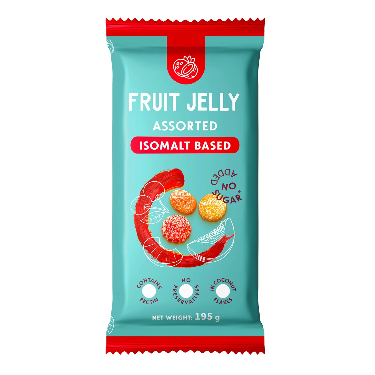 
Isomalt based shaped assorted candied fruit jelly in coconut flakes 