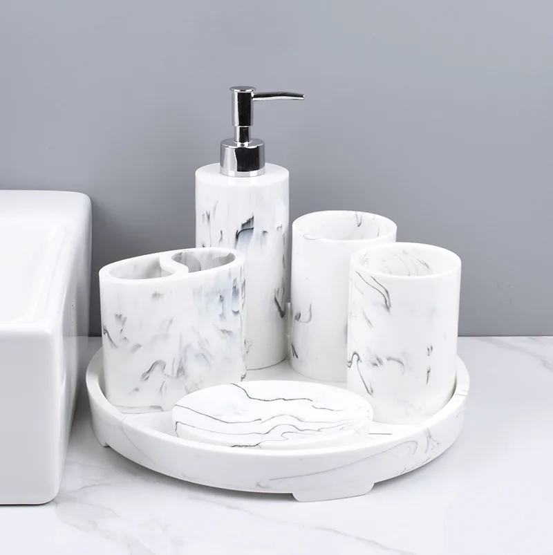 Набор аксессуаров для ванной комнаты, полирезиновый держатель для зубных щеток, лосьона, мыла, черно-белый мраморный эффект, для современных отелей