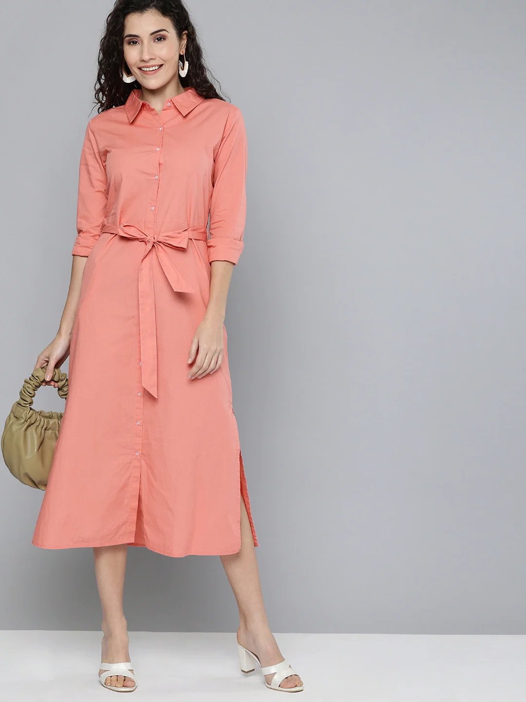 Confident Look By Wearing in Parties Festivals Women Peach-Colored Solid Shirt One Piece cotton dress shirt collar long sleeves