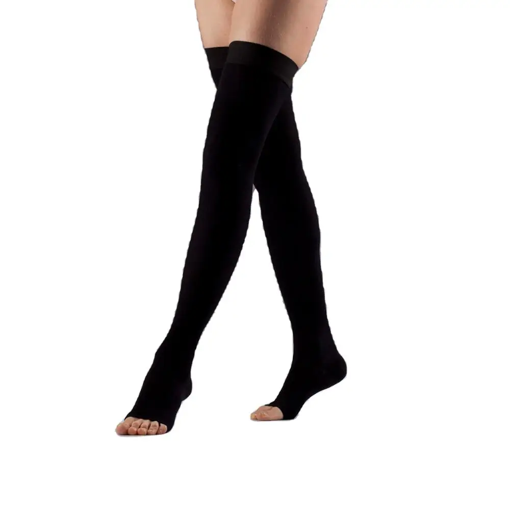 
COTTON Medical Compression Stockings Thigh High, BLACK CLASS 2 Open Toe 