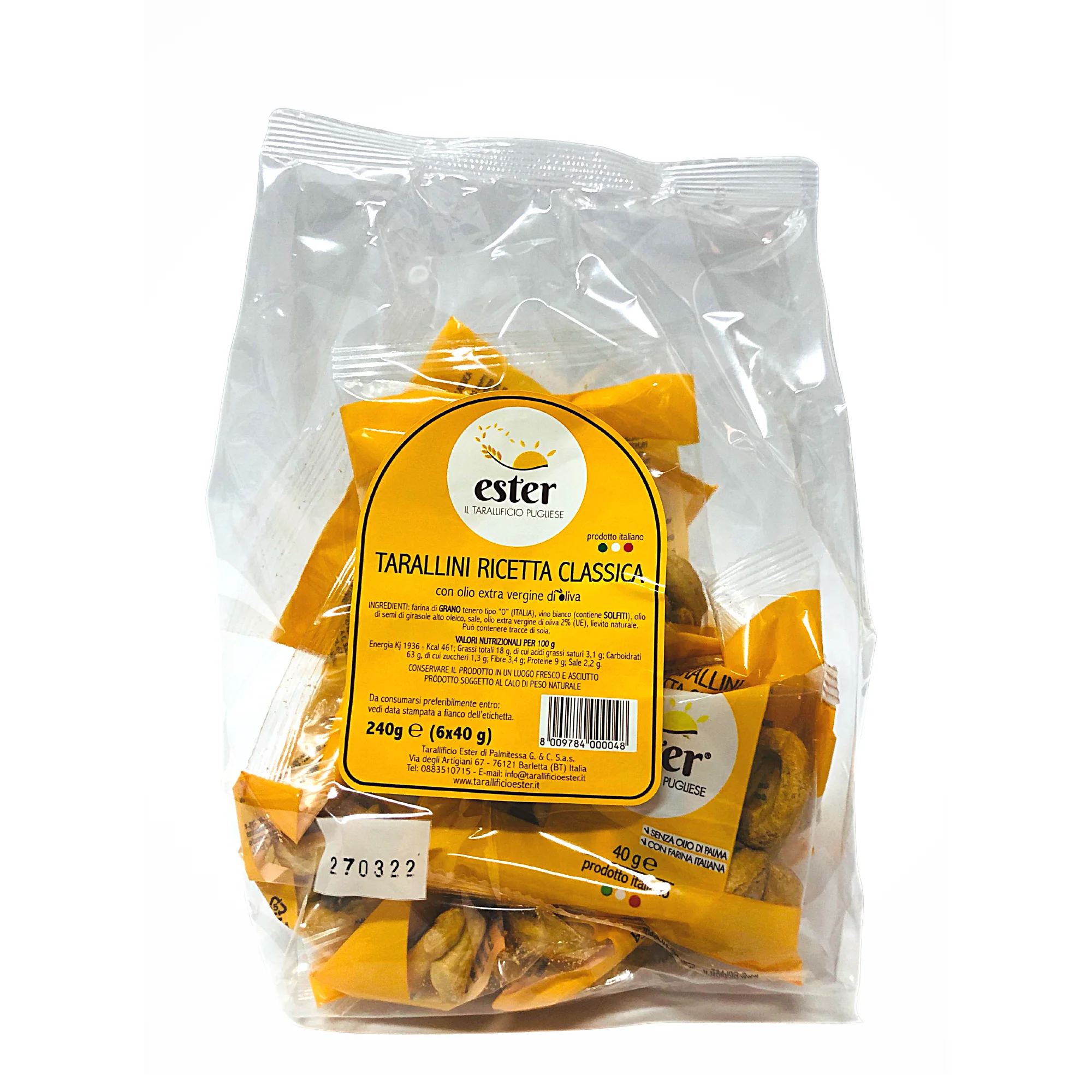 Traditional Apulian Tarallini in Multipacks Ester with Extra Virgin Olive Oil for snack and appetizer 240g (6x40g)