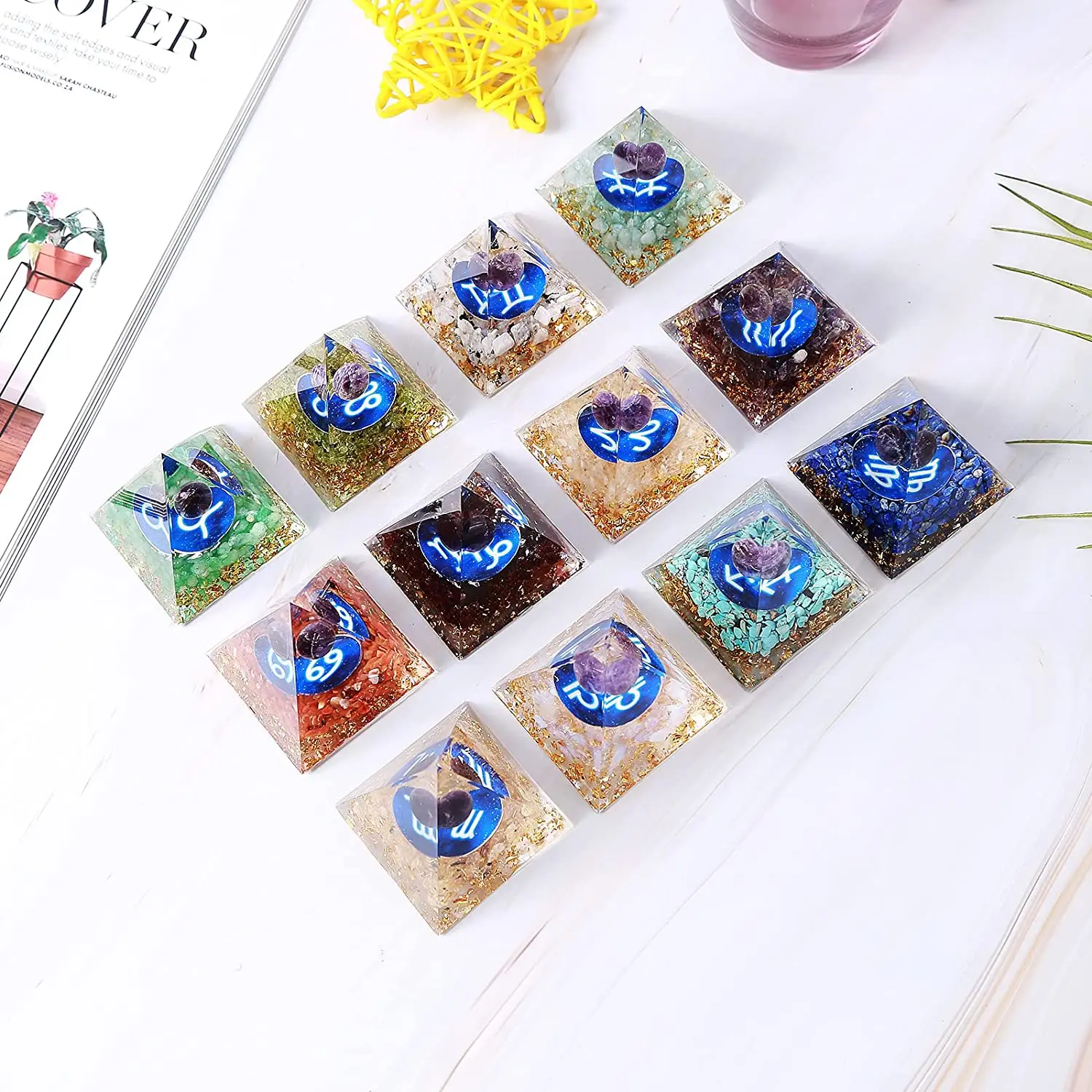 Orgonite Pyramid Orgone Crystal Pyramid, 12 Zodiac Signs Crystal Chakra Pyramids, Positive Energy Crystals Resin Pyramid