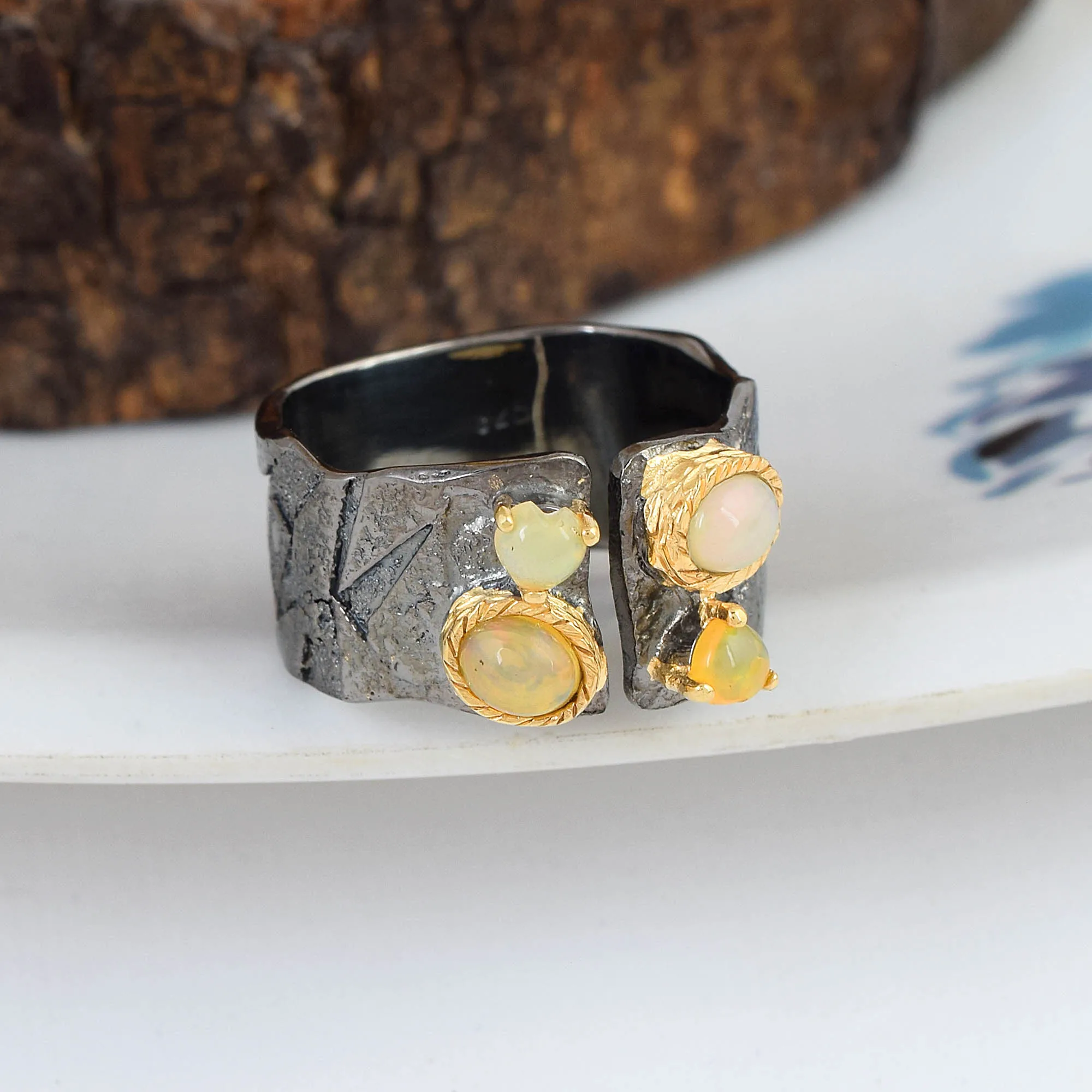 Ethiopian Opal Gemstone Yellow Gold Plated Ring Handmade 925 Sterling Silver Black Rhodium Wholesale Fine Jewelry For Women