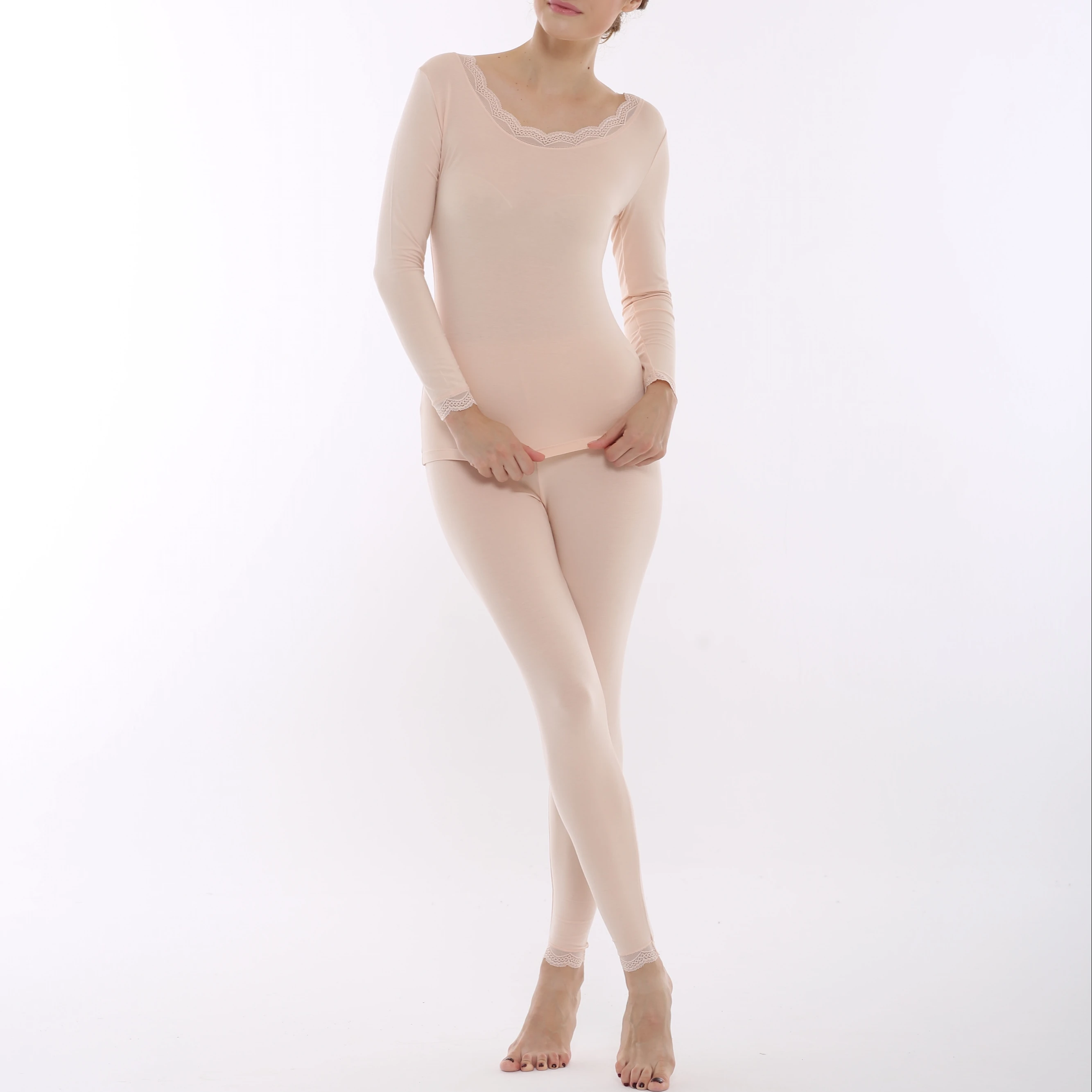 
Modal Lace Edge Round Collar Cozy Cotton Long Sleeve Shirts Underwear Set Lingerie Set Women Viscose Fiber & Spandex Beige 