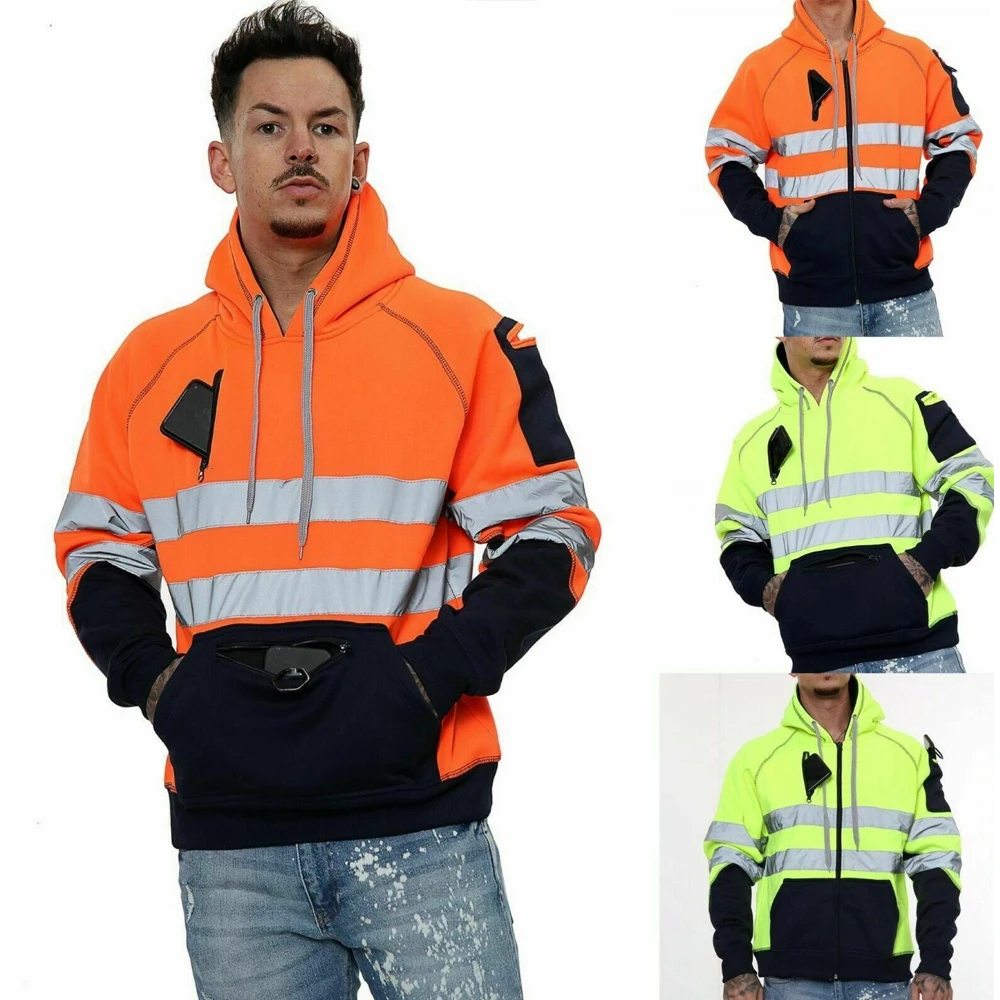 Factory in Stock Custom High Visibility Road Work wear 100% Polyester Reflective Safety Hoodies For Men