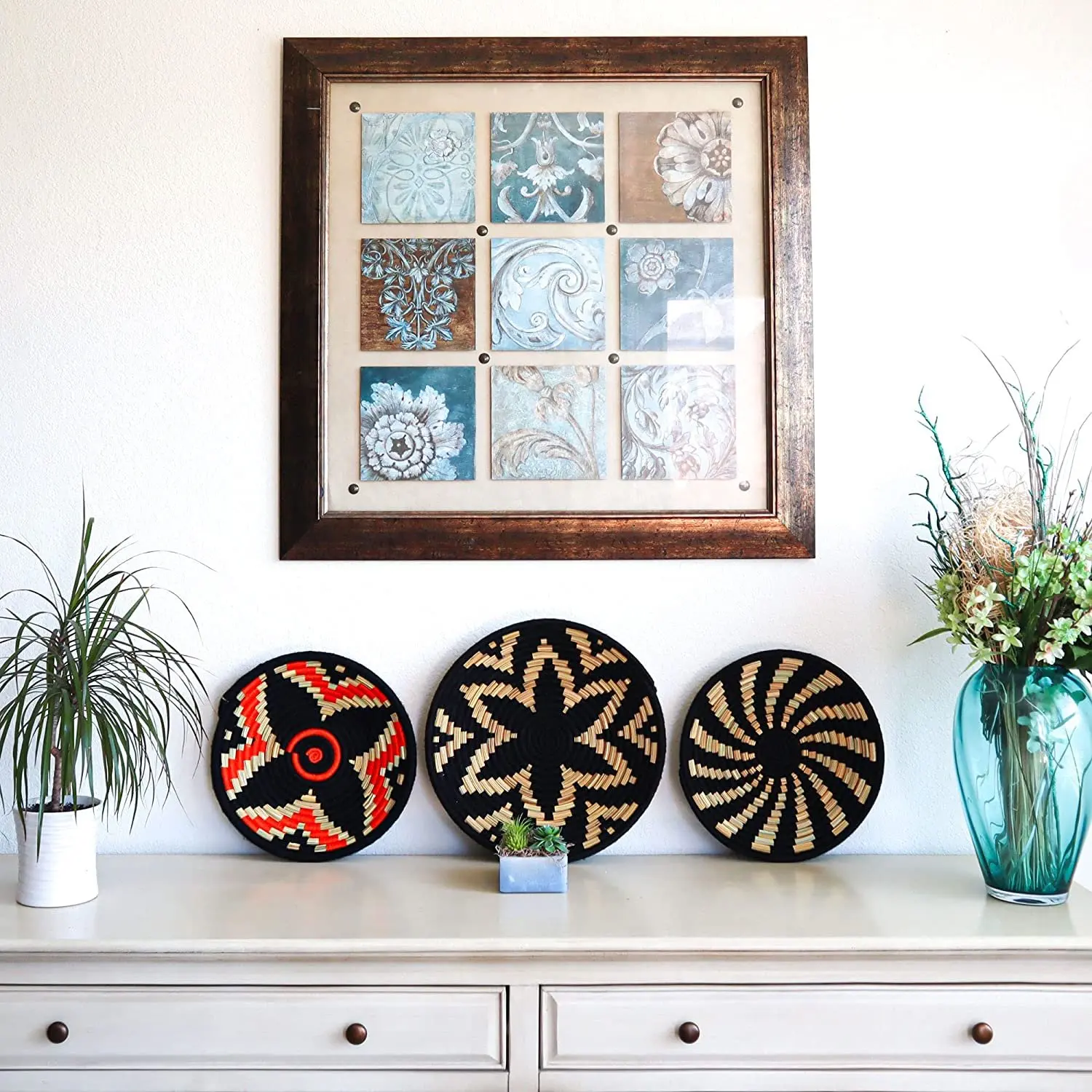 Large Boho Woven Wall Basket Decor Set of Four Handmade Wall Art made from Natural Seagrass Ready to Hang