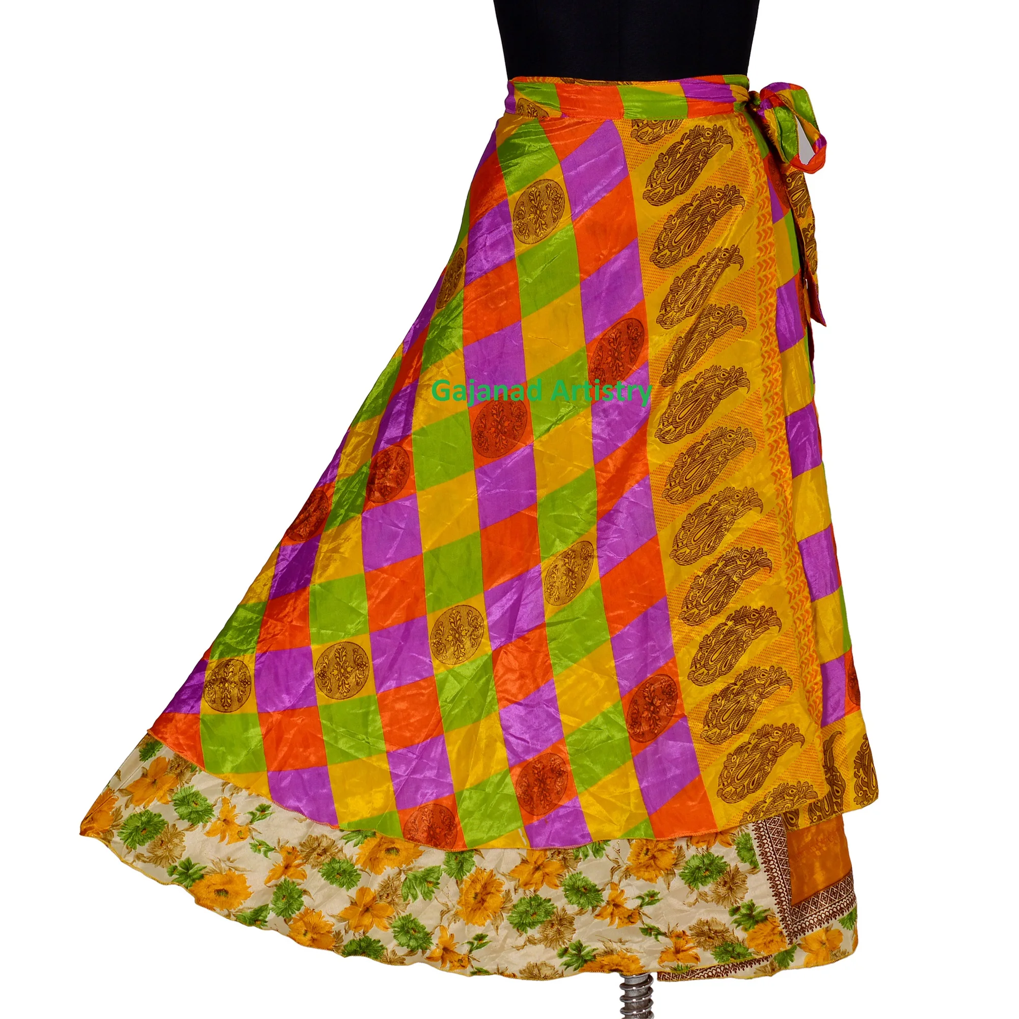 Wrap Long Skirt Festival Summer Casual Skirts Beach Sexy Look Designer Printed  Silk Sari Reversible Two Layer long Wrap Around