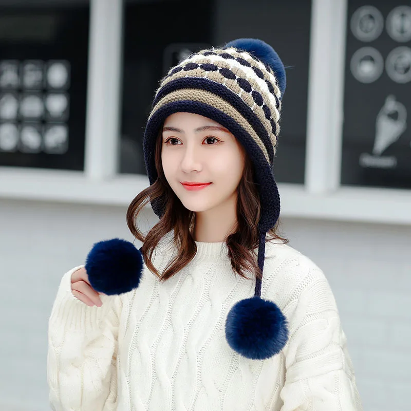 
Ladies 3 ball ear cap adult matching HAT knit cap 