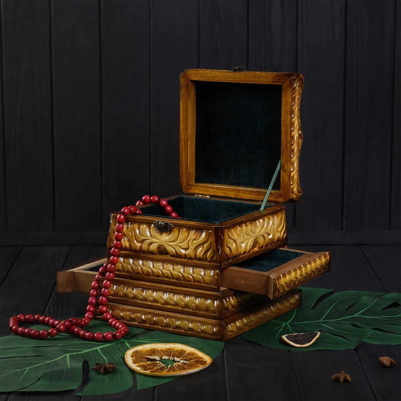 
Handmade wooden jewelry box decorated with exclusive hand carving 