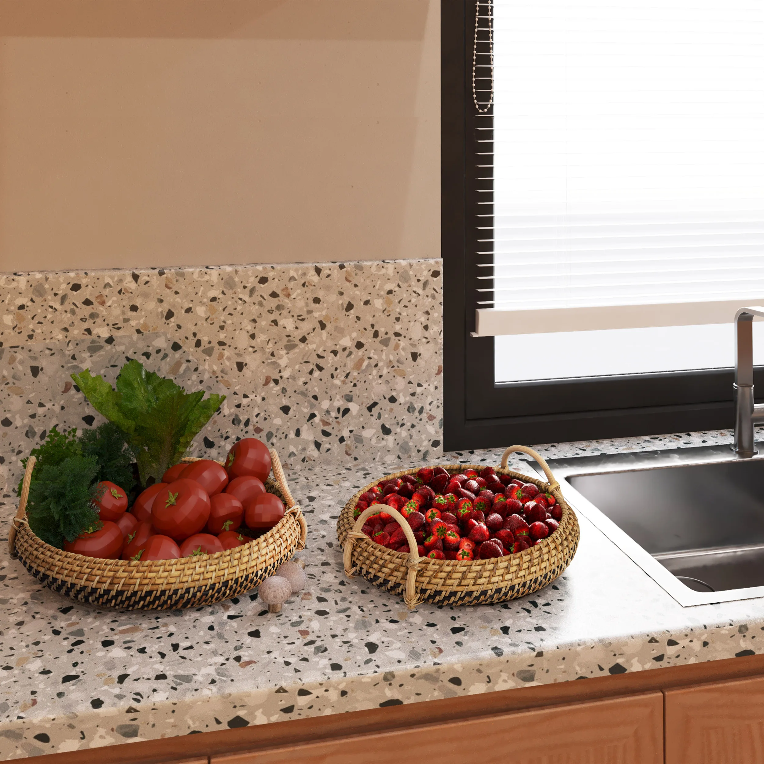  Оптовая цена круглые лотки из ротанга с ручками для сервировки хлеба или фруктов круглая плетеная корзина лоток хранения ручной работы